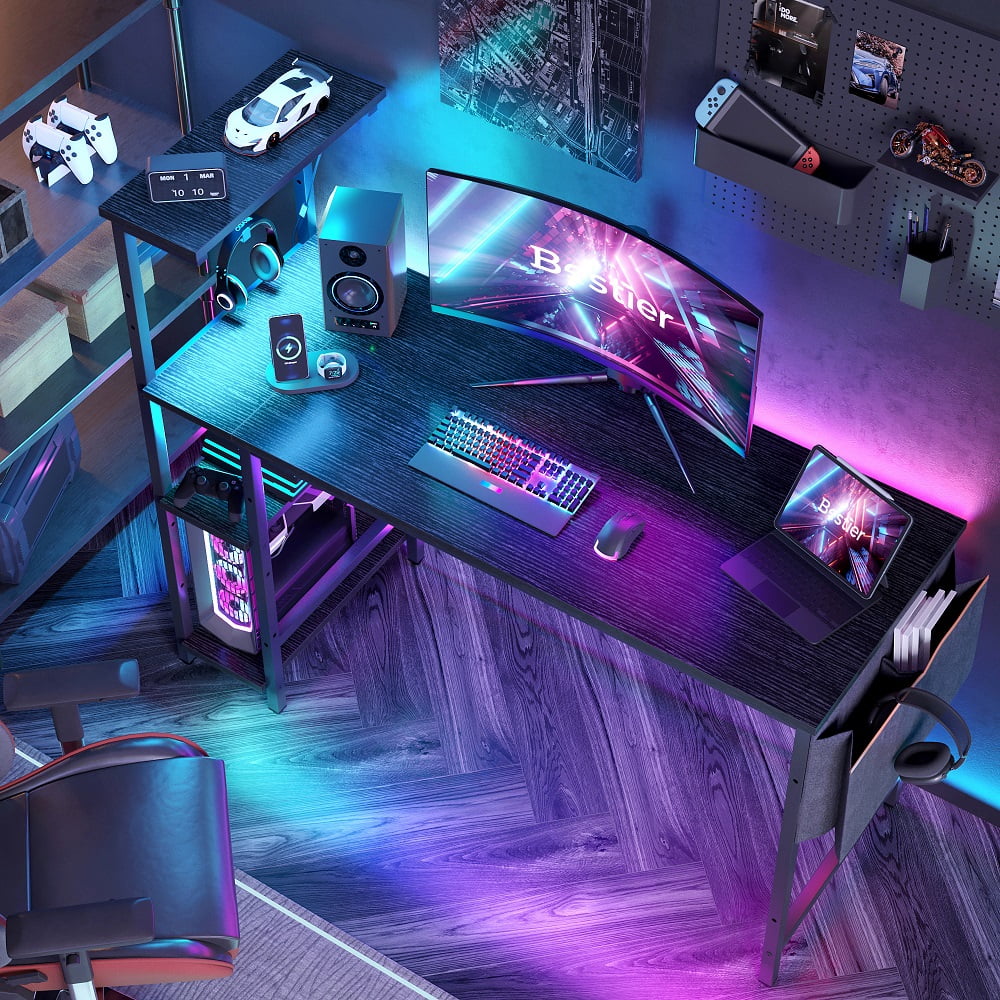 52 inch Black Gaming Computer Desk with LED Lights & Shelves G28283