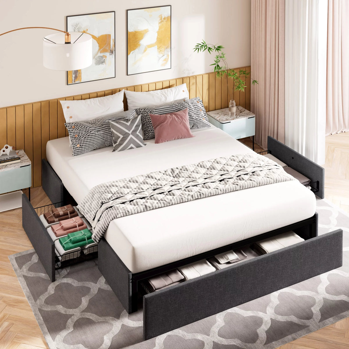 Queen Size Upholstered Platform Bed Frame with 3 Storage Drawers I170730