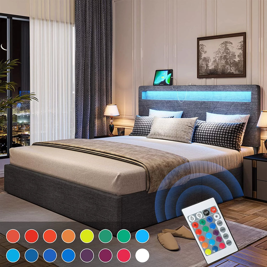 Queen Platform Bed Frame with 4 Storage Drawers, 2 USB Ports, LED Headboard, Dark Grey N8716