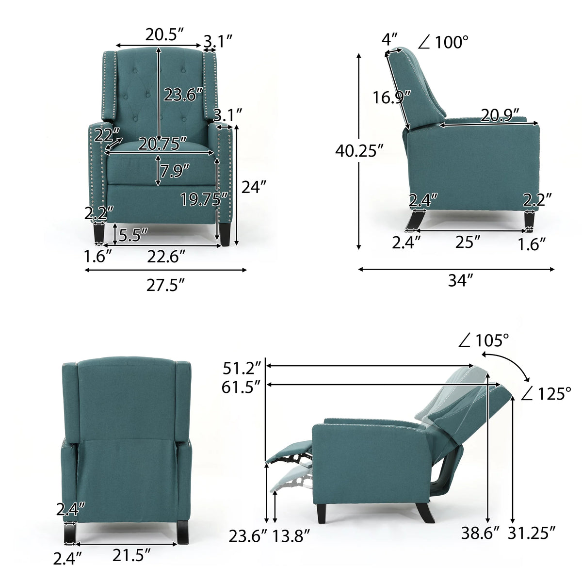 Dark Teal Fabric Tufted Recliner K2794