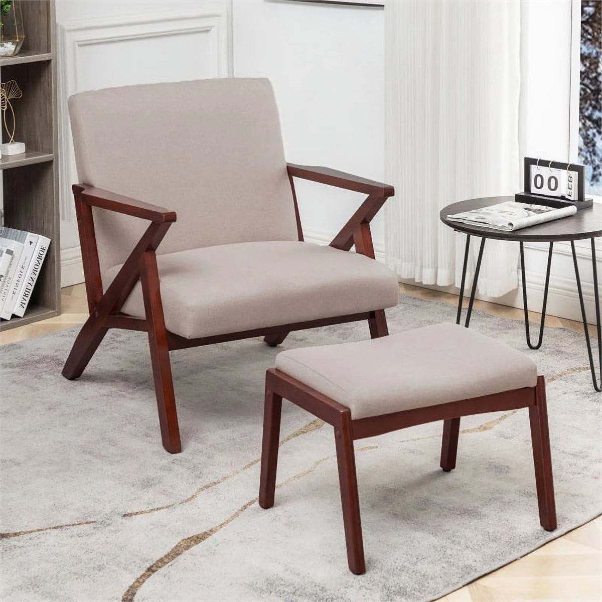 Beige Fabric Accent Lounge Armchair with Ottoman K354