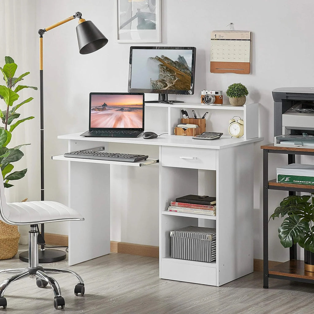 White Computer Desk with Keyboard Tray and Drawers H311