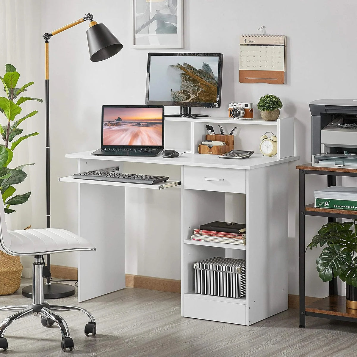 White Computer Desk with Keyboard Tray and Drawers H311