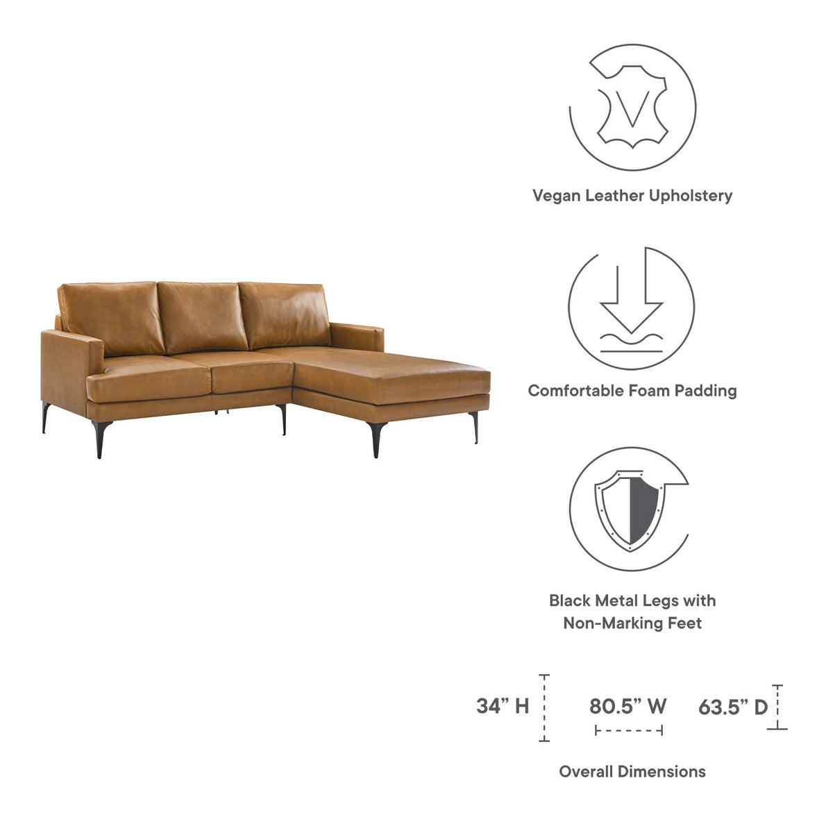 Tan Vegan Leather Right-Facing Sectional Sofa O6226
