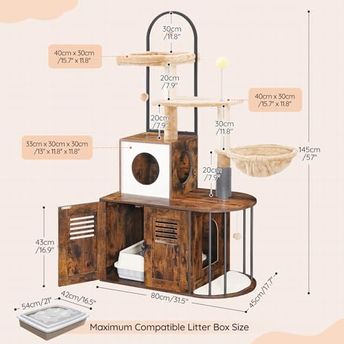 Cat Tree with Litter Box Enclosure, 31.5" Cat Tower with Sisal Posts, Hammock, Rustic Brown J4686