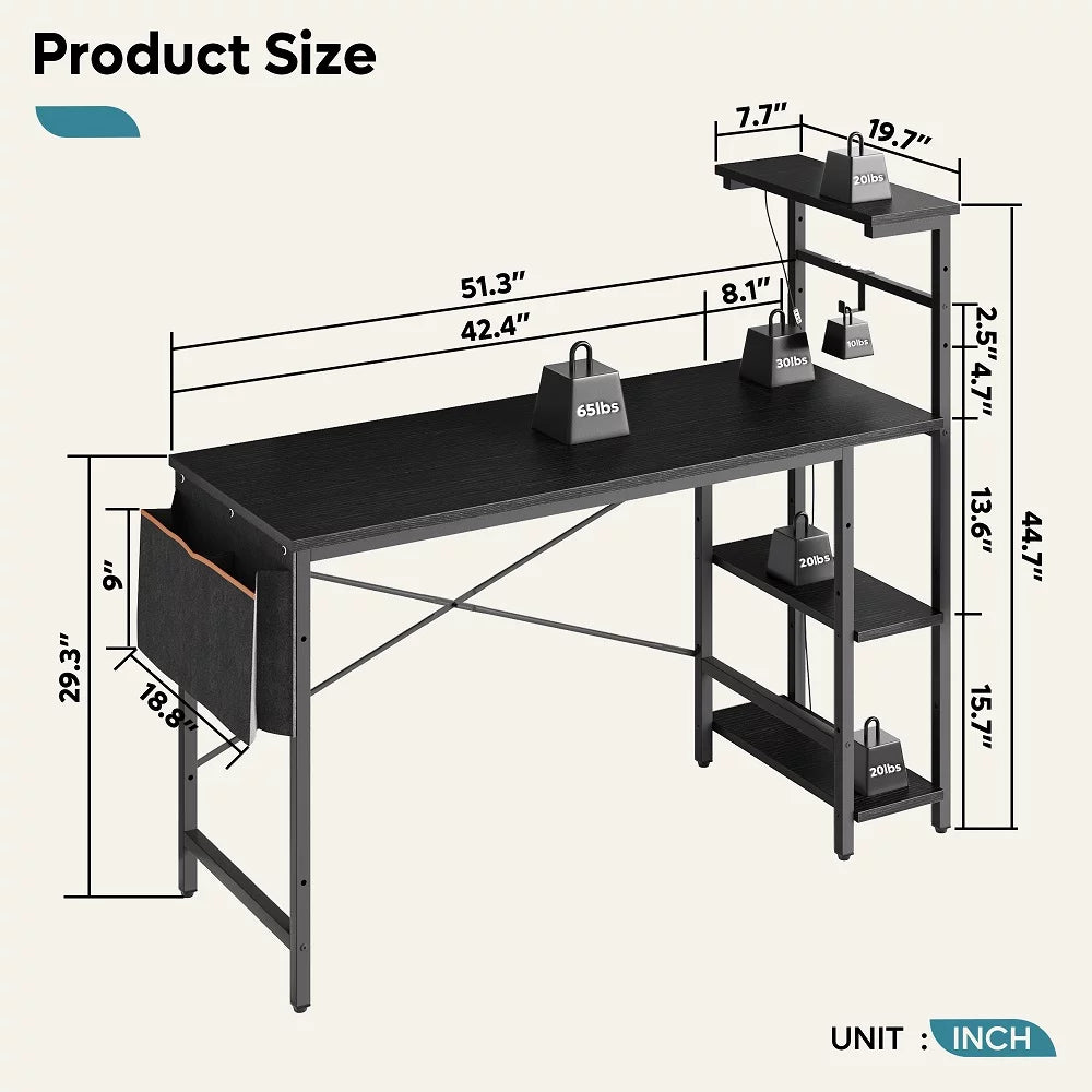 52 inch Black Gaming Computer Desk with LED Lights & Shelves G28283