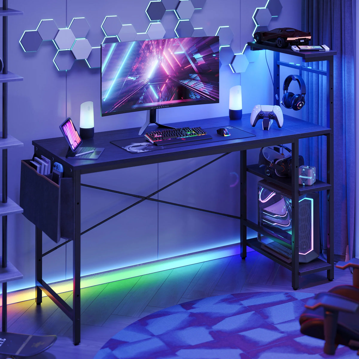 52 inch Black Gaming Computer Desk with LED Lights & Shelves G28283