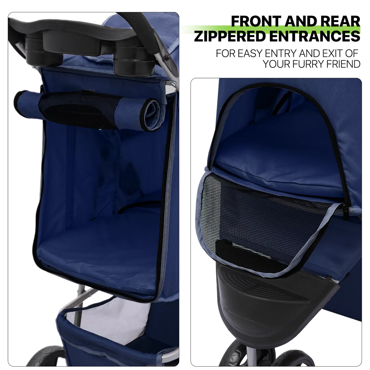 Foldable Pet Stroller with Wheels, Storage Basket and Cup Holder, Navy Blue Z315