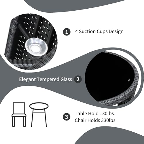 3 Pieces Aluminum Wicker Patio Bistro Set with Tempered Glass Table Black U323
