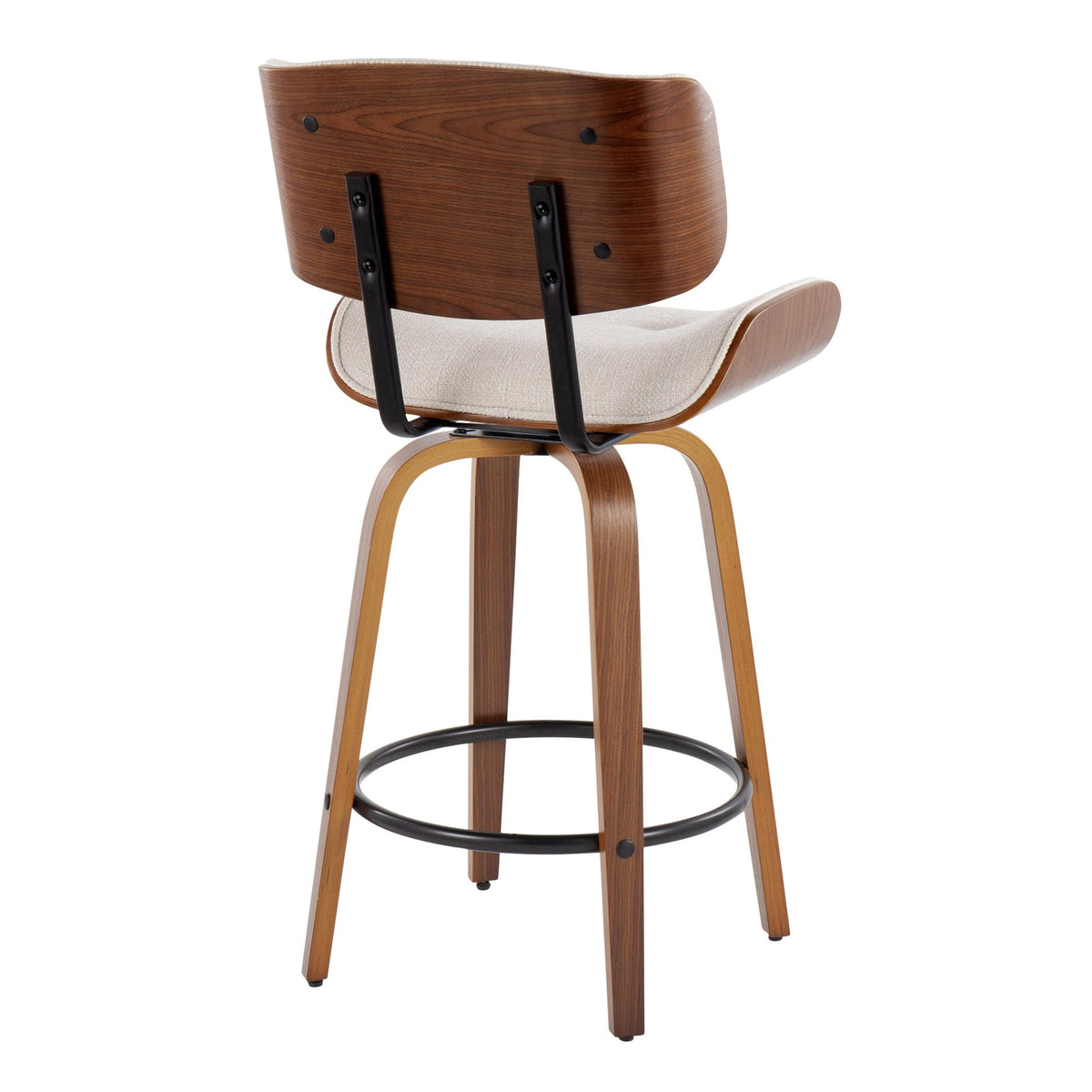 26" Mid-Century Modern Counter Stool with Swivel in Walnut Wood and Cream Noise Fabric with Round Black Metal Footrest - Set of 2 A351