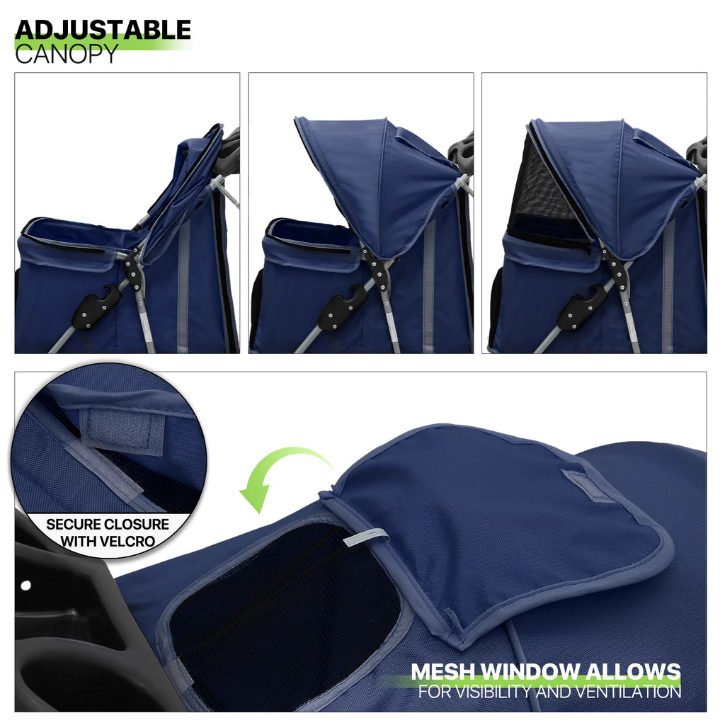 Foldable Pet Stroller with Wheels, Storage Basket and Cup Holder, Navy Blue Z315