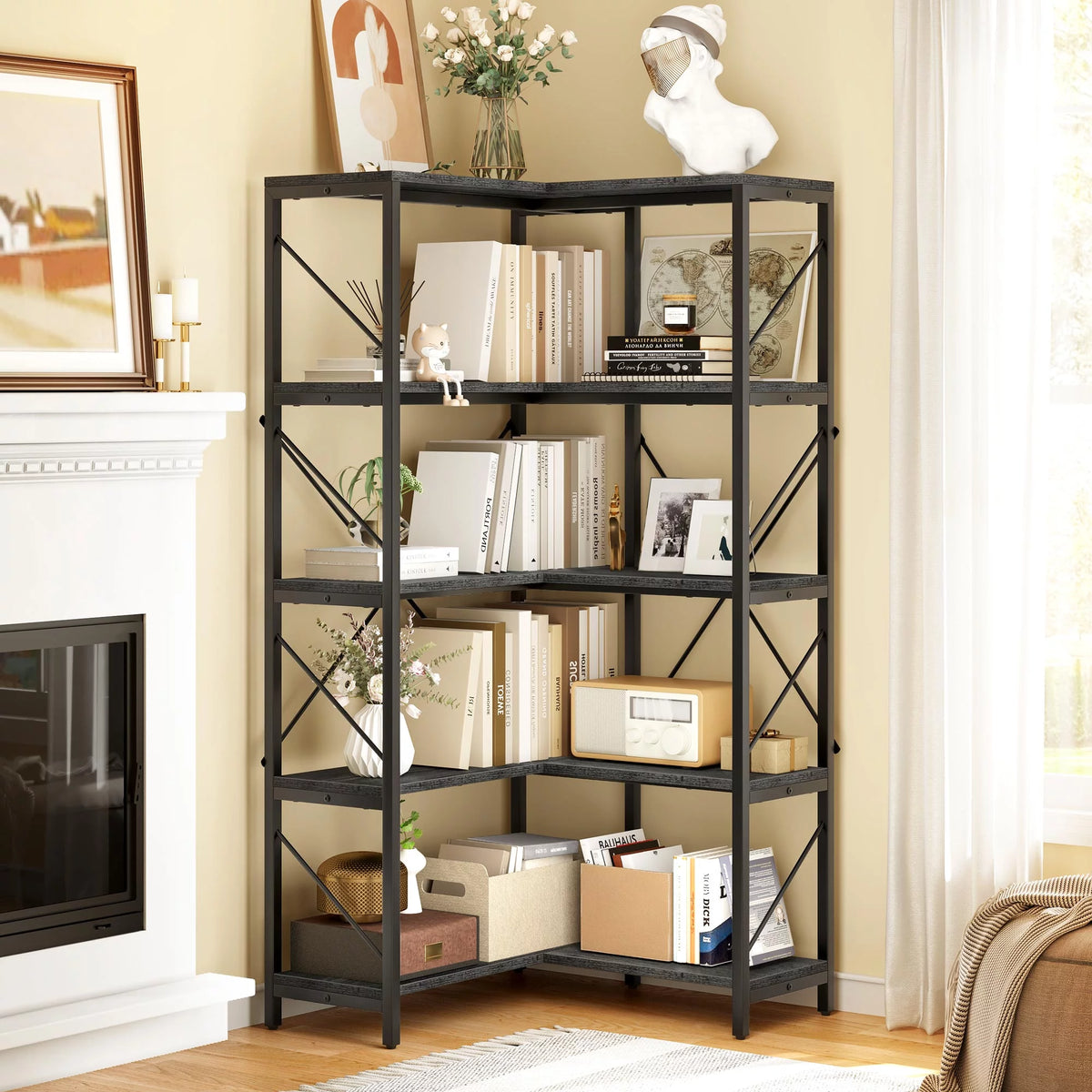 5-Tier L-Shaped Dark Gray Bookcase A1988
