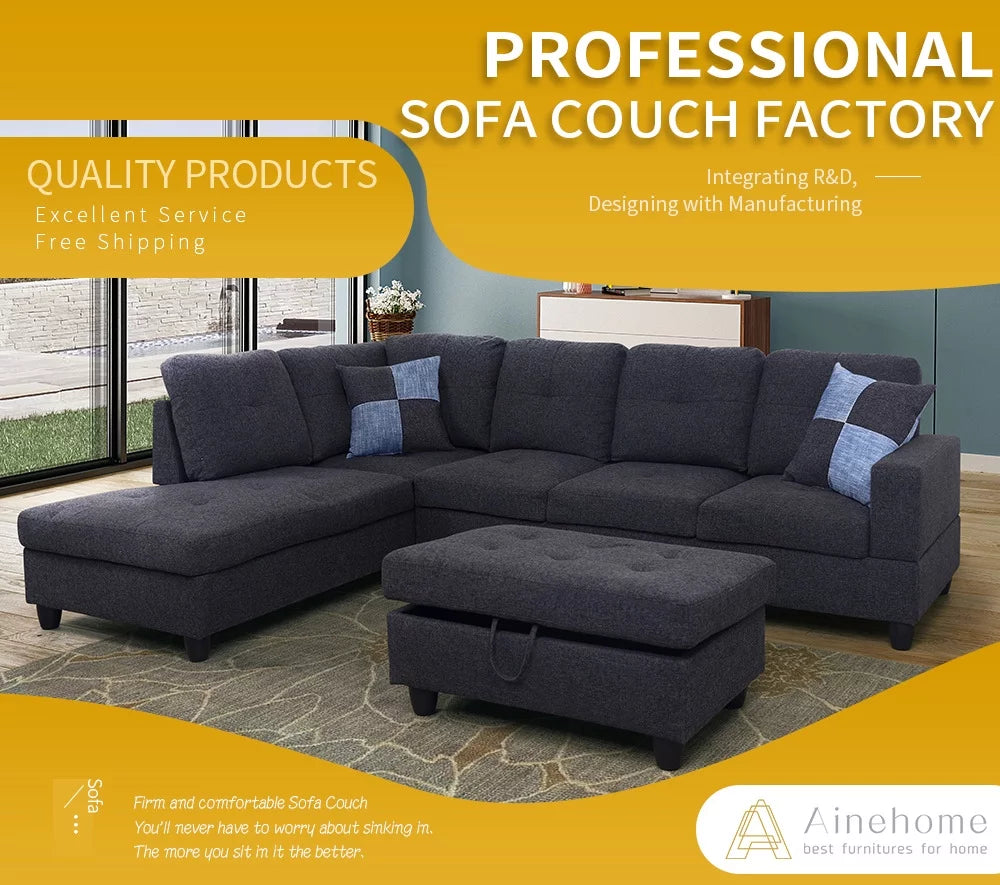 103" Wide Linen Left Hand Facing Sofa & Chaise with Ottoman W5381