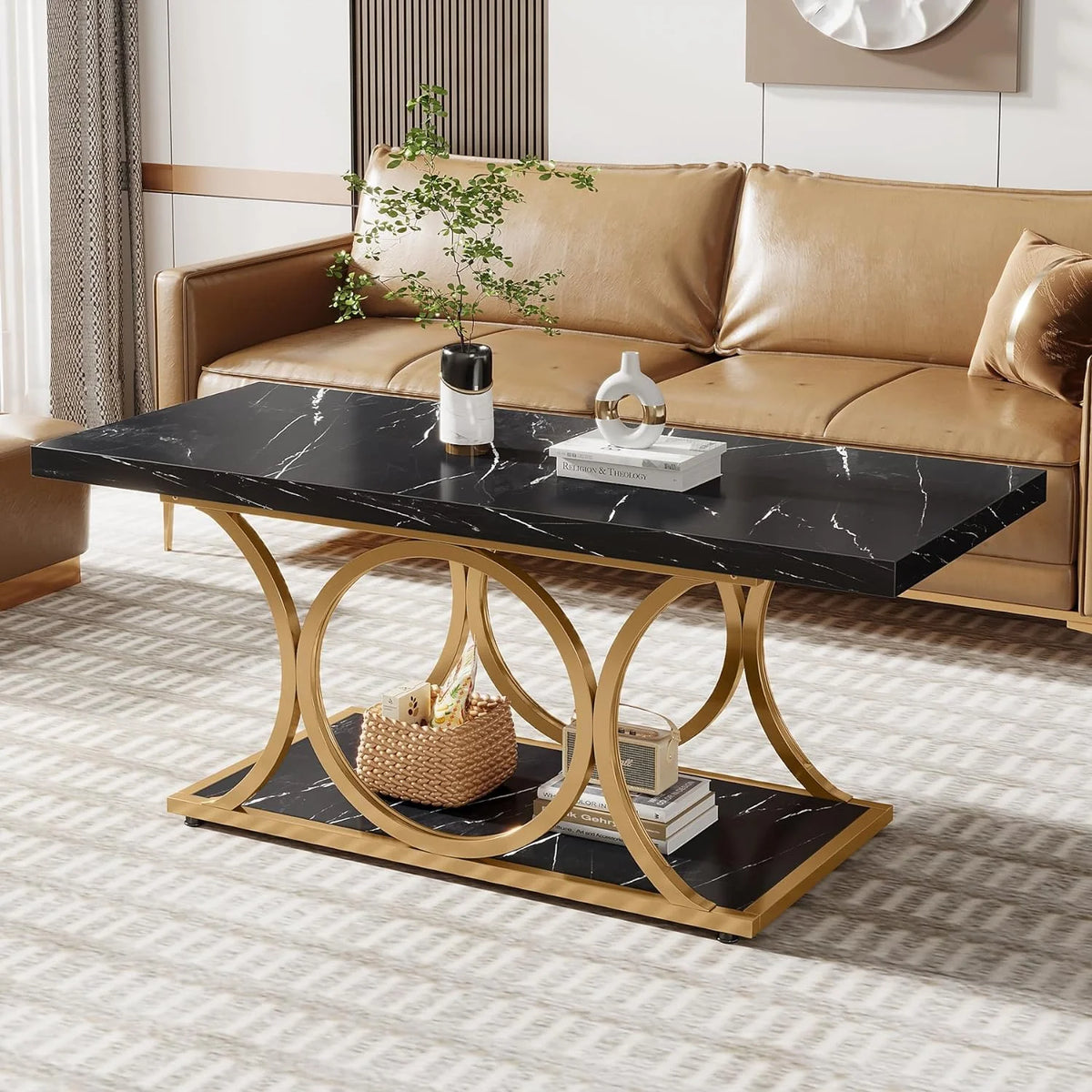 2-Tier Faux Marble Wood Coffee Table with Storage Shelf W318