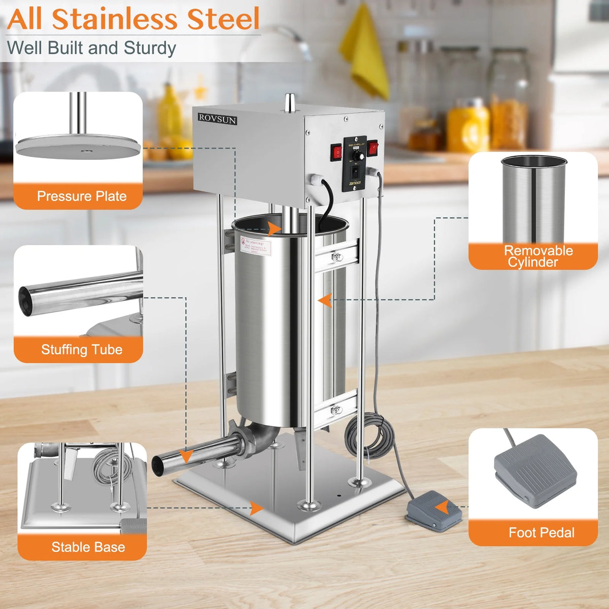 15.4LBS/10L Electric Stainless Steel Sausage Stuffer with 5 Stuffing Tubes C5259