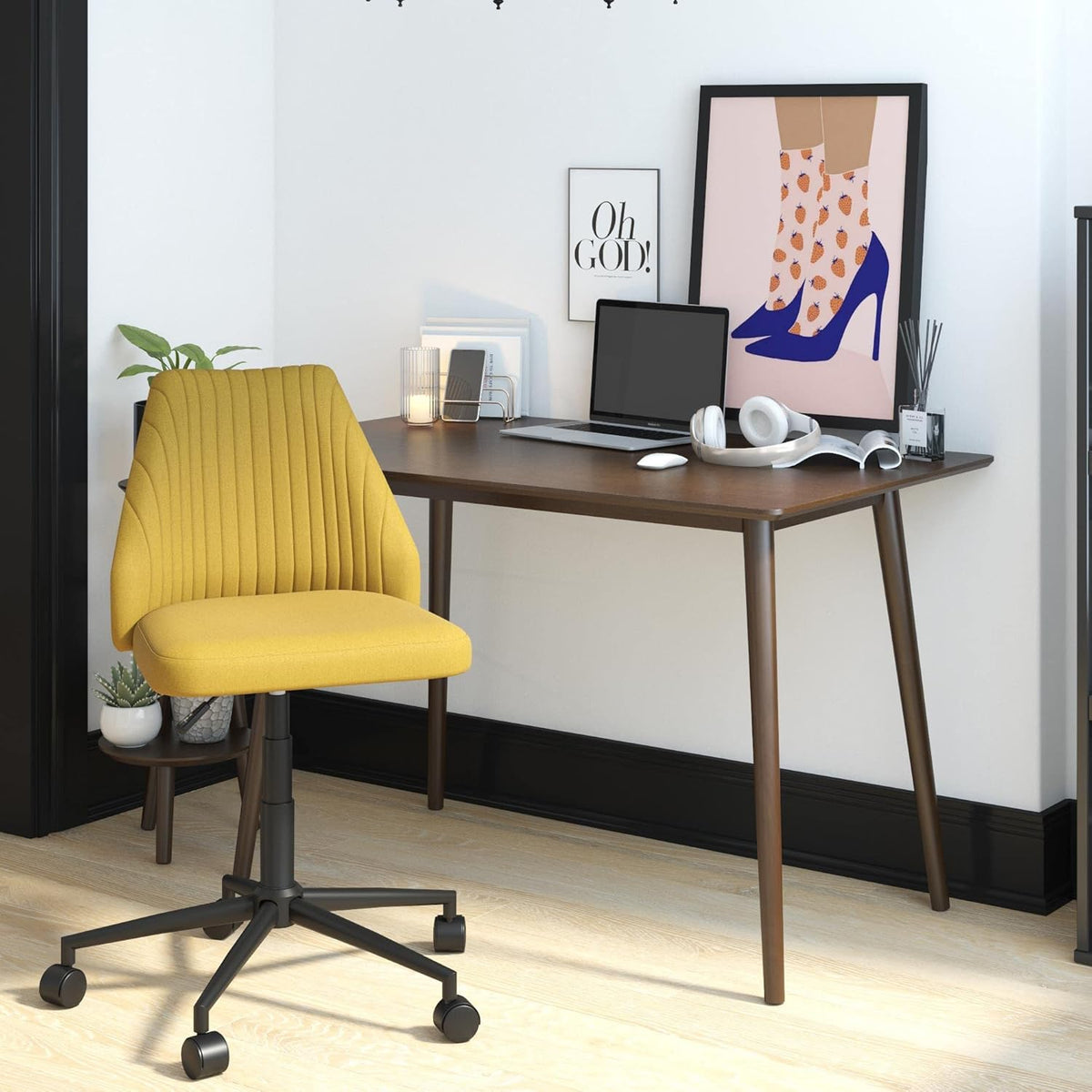 Mustard Linen Office Chair with Casters R93504