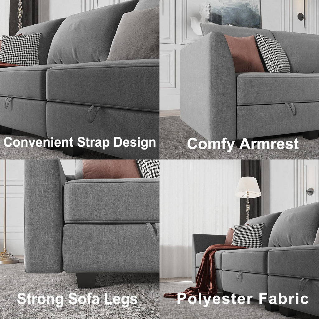 87" Convertible Sectional Sofa with Storage Seats, Grey Polyester V2529