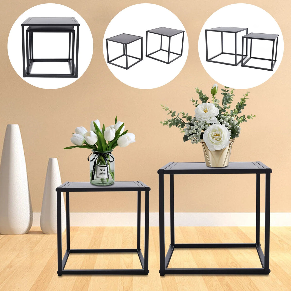 2Pcs Modern Square Metal Coffee Table Side Table End Table Matt Black K93737