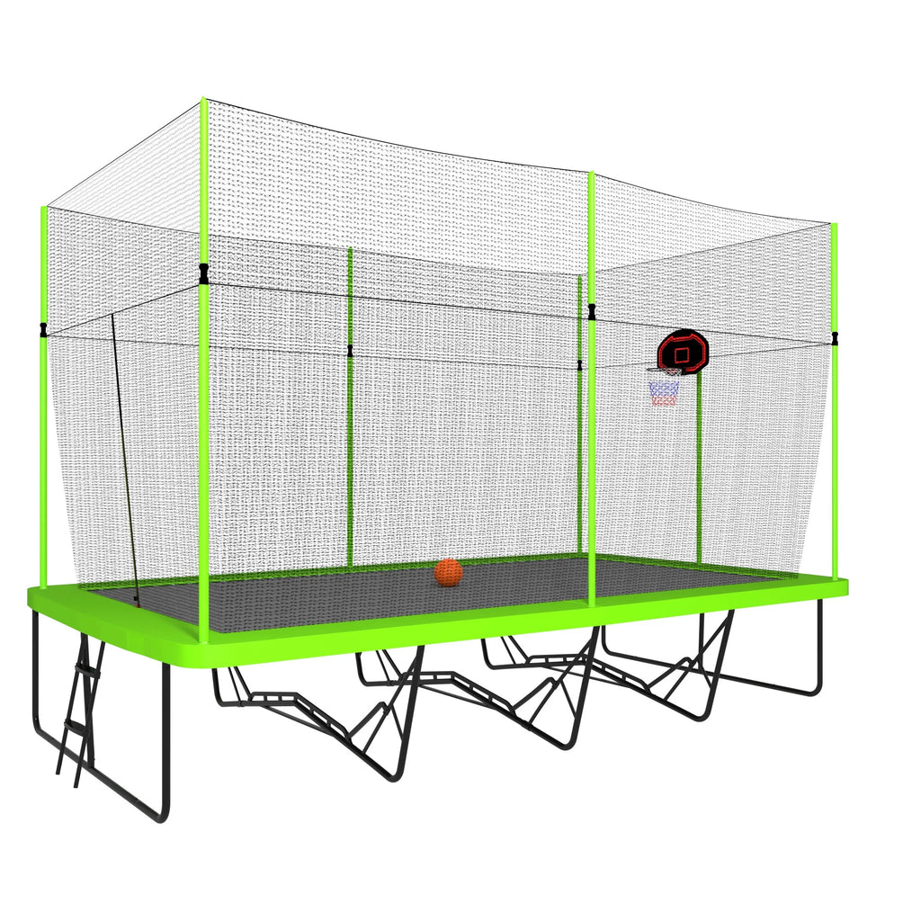 10ft by 17ft Rectangular Trampoline with Green Fabric Black Galvanized Steel Tubes with Basketball Hoop System Ladder O764066