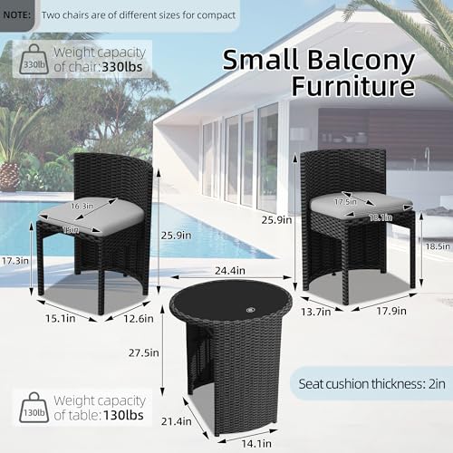3 Pieces Aluminum Wicker Patio Bistro Set with Tempered Glass Table Black U323