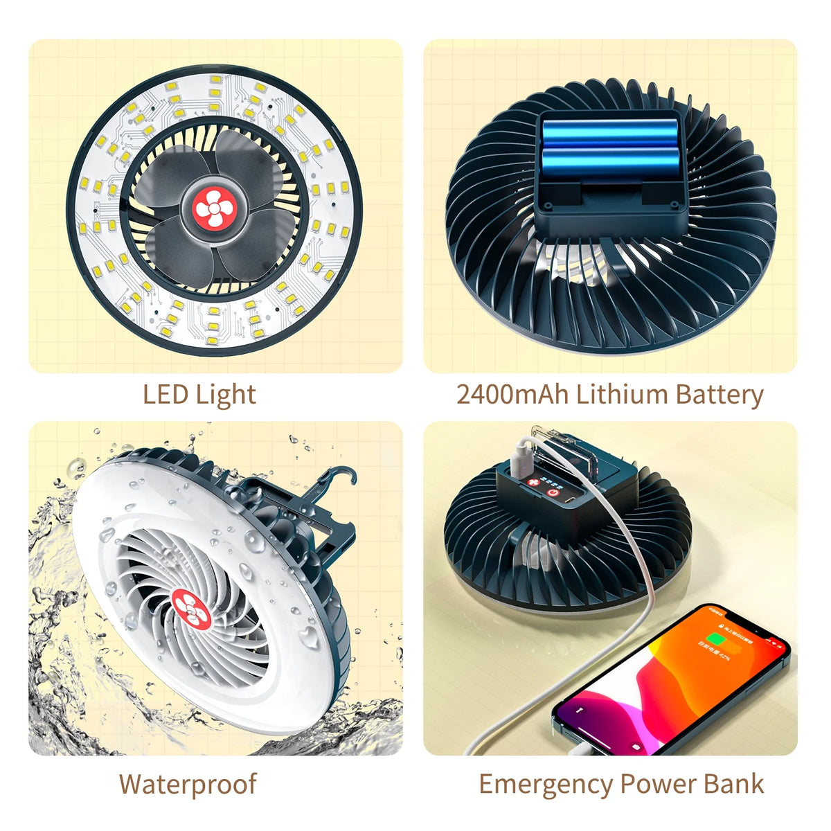LED Hanging Fan 2 in 1 Camping Tent Fan with Hanging Hook Back Magnet D721