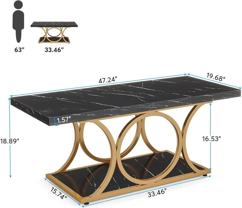 2-Tier Faux Marble Wood Coffee Table with Storage Shelf W318