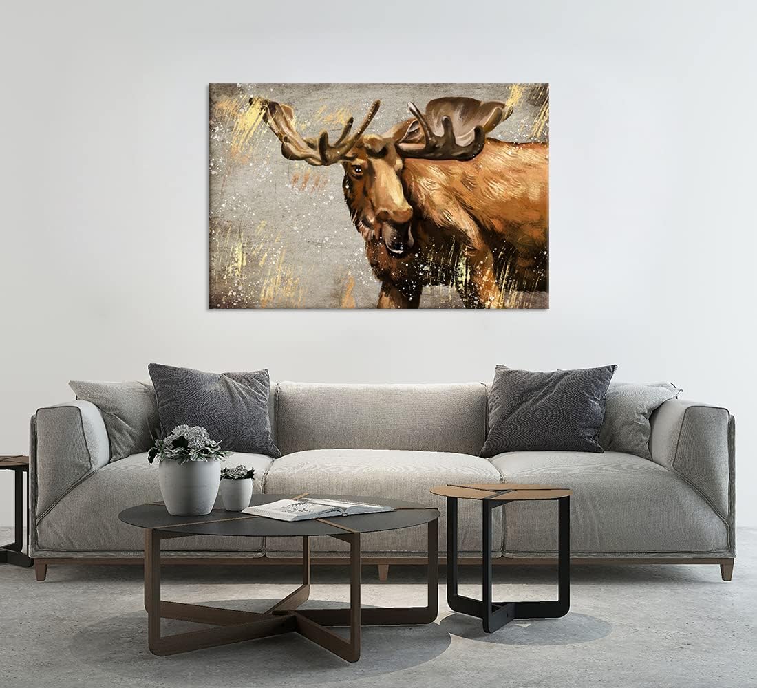 Large Vintage Moose Canvas Wall Art Abstract Wildlife Elk Deer Picture Painting Stretched and Framed Ready to Hang 24x36inch L44075