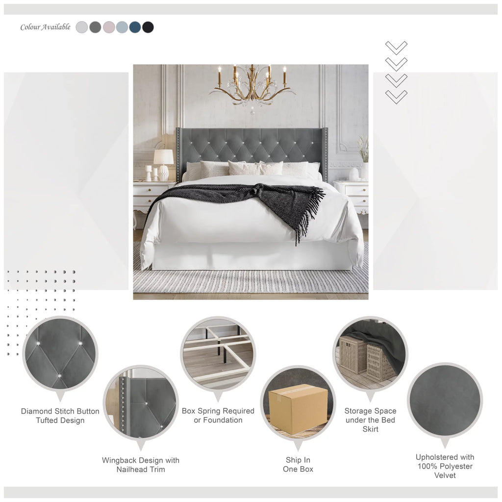 Button Tufted Wingback Velvet Upholstered Queen Bed H3404