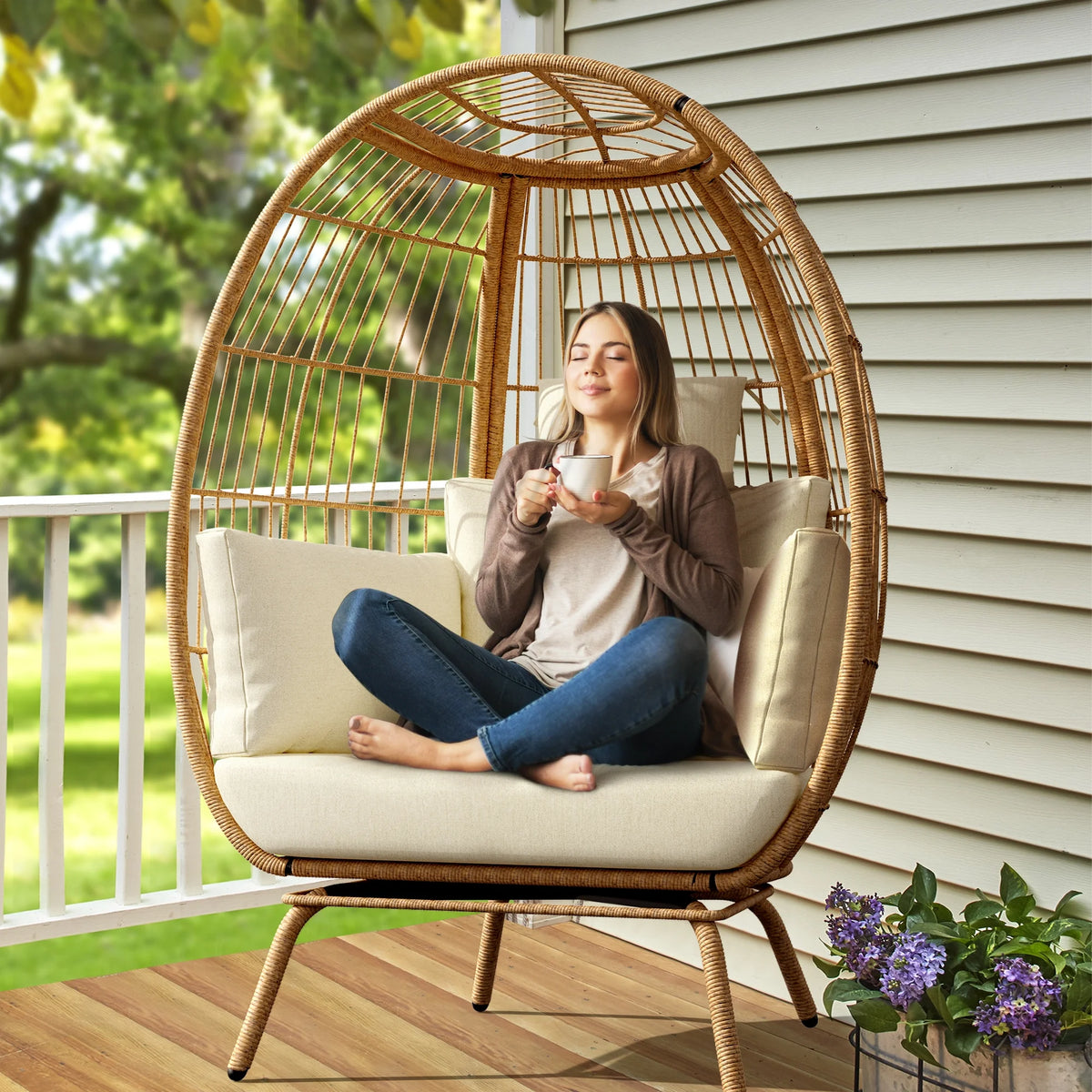 Oversized Beige Wicker Egg Chair V33869