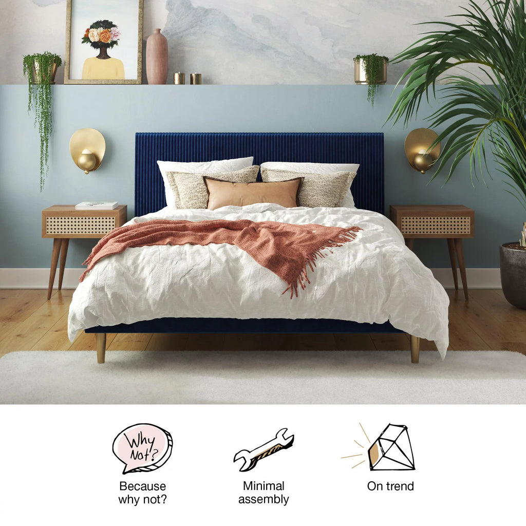 Queen Ivory Velvet Upholstered Bed with Headboard E842649