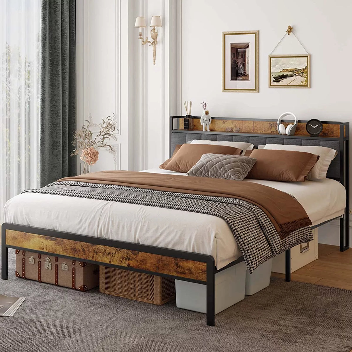 Queen Size Bed Frame with Storage Headboard Dark Grey W216