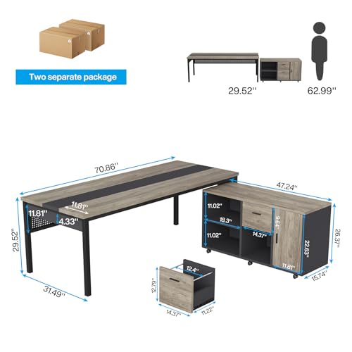 70.8" L-Shaped Computer Desk and File Cabinet Combo with Drawers and Shelves I7313
