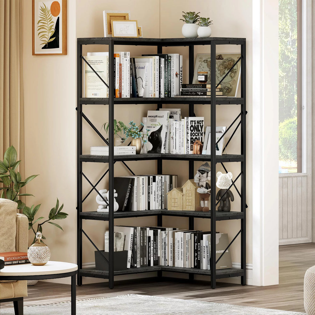 5-Tier L-Shaped Dark Gray Bookcase A1988