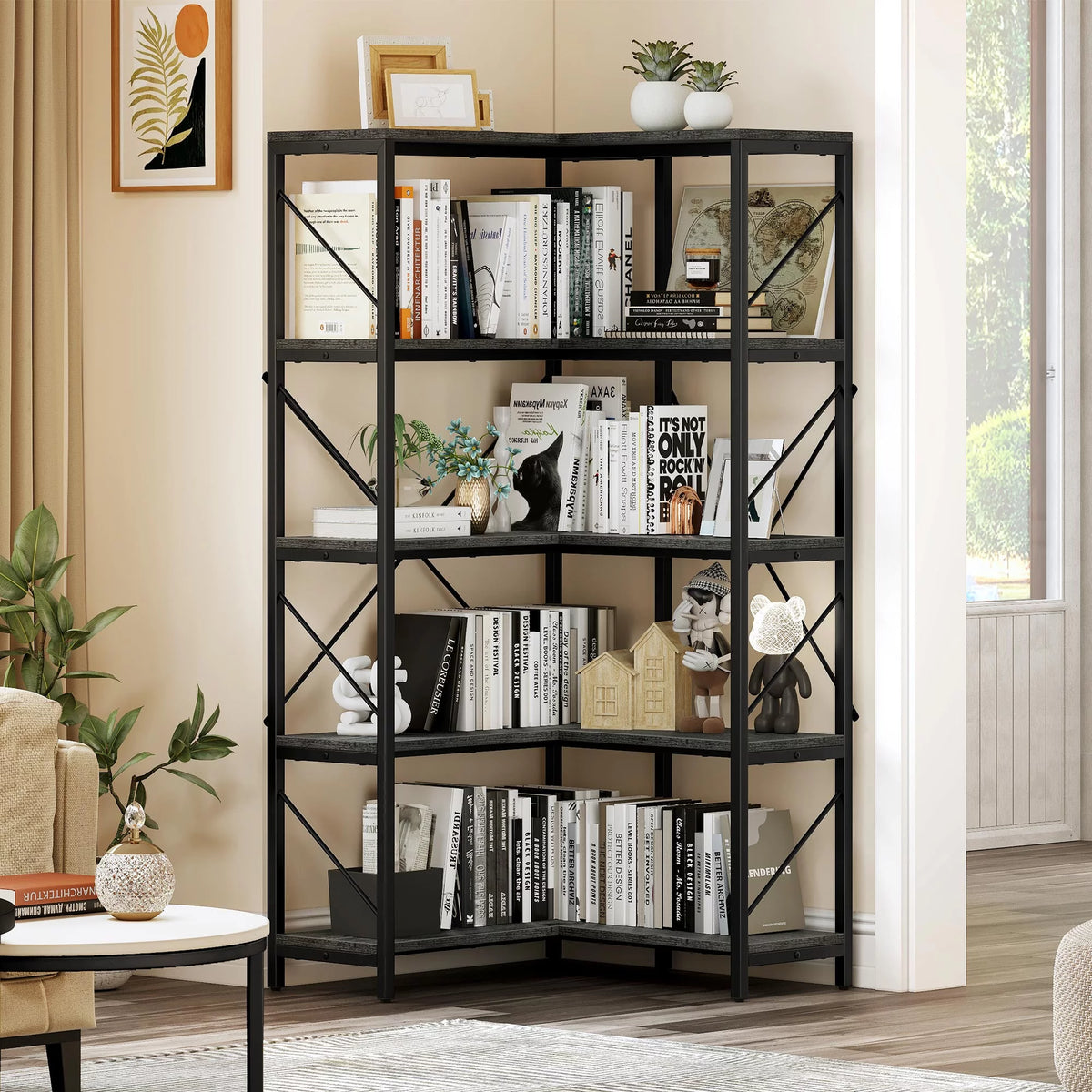 5-Tier L-Shaped Dark Gray Bookcase A1988