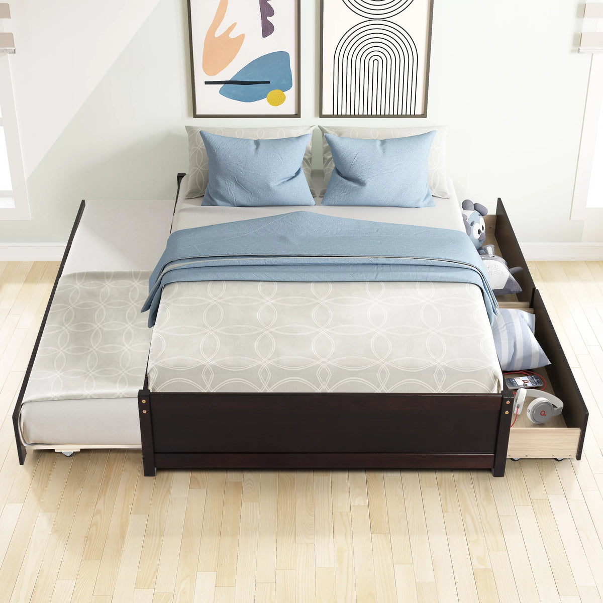 Espresso Wood 2-Drawer Full Size Platform Bed with Trundle X225