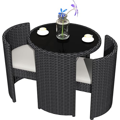 3 Pieces Aluminum Wicker Patio Bistro Set with Tempered Glass Table Black U323