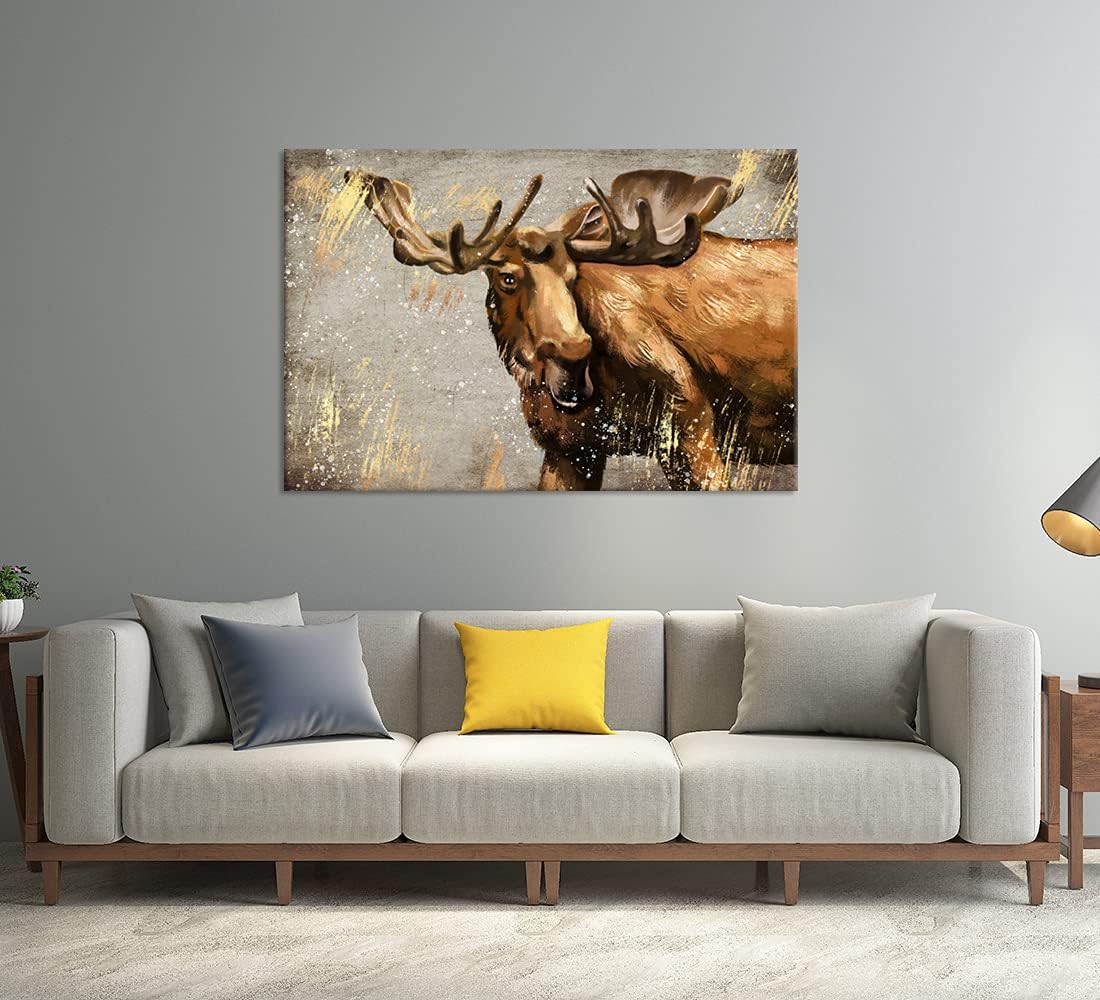 Large Vintage Moose Canvas Wall Art Abstract Wildlife Elk Deer Picture Painting Stretched and Framed Ready to Hang 24x36inch L44075