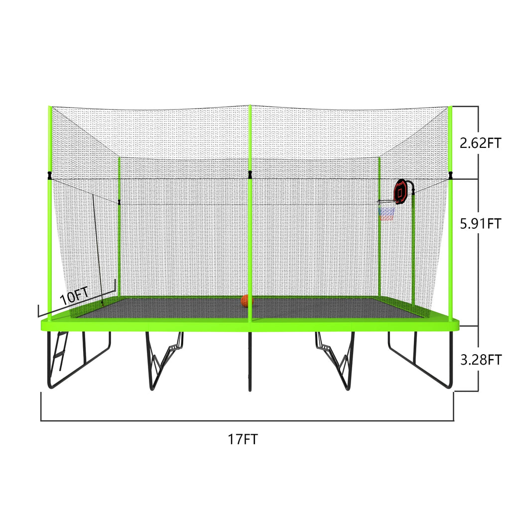 10ft by 17ft Rectangular Trampoline with Green Fabric Black Galvanized Steel Tubes with Basketball Hoop System Ladder O764066