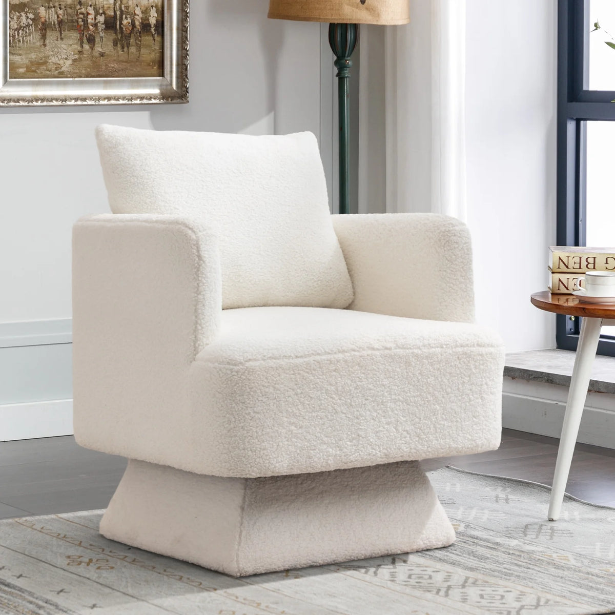 Beige Lamb Wool Swivel Accent Chair Y389