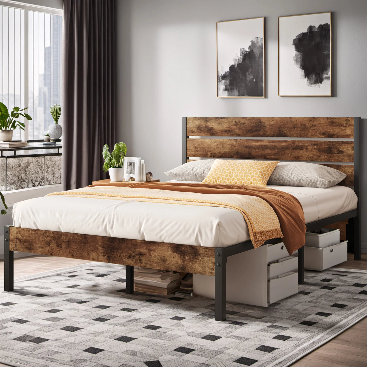 Queen Bed Frame with Wood Headboard and Footboard P79779