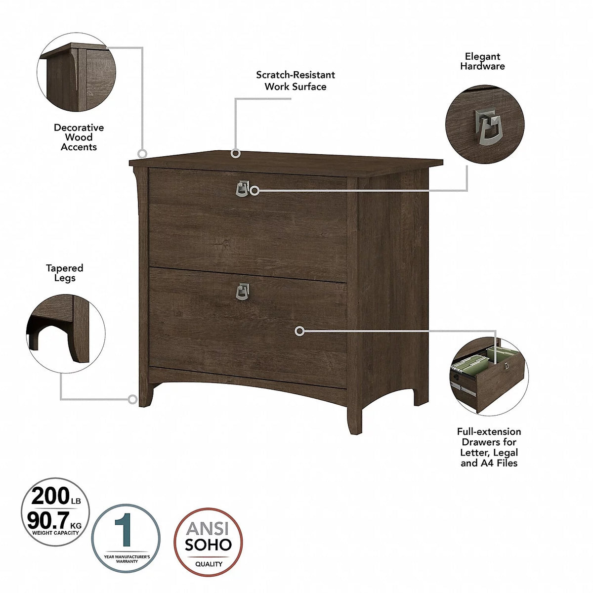 Ash Brown L Desk with File Cabinet & Bookcase J600