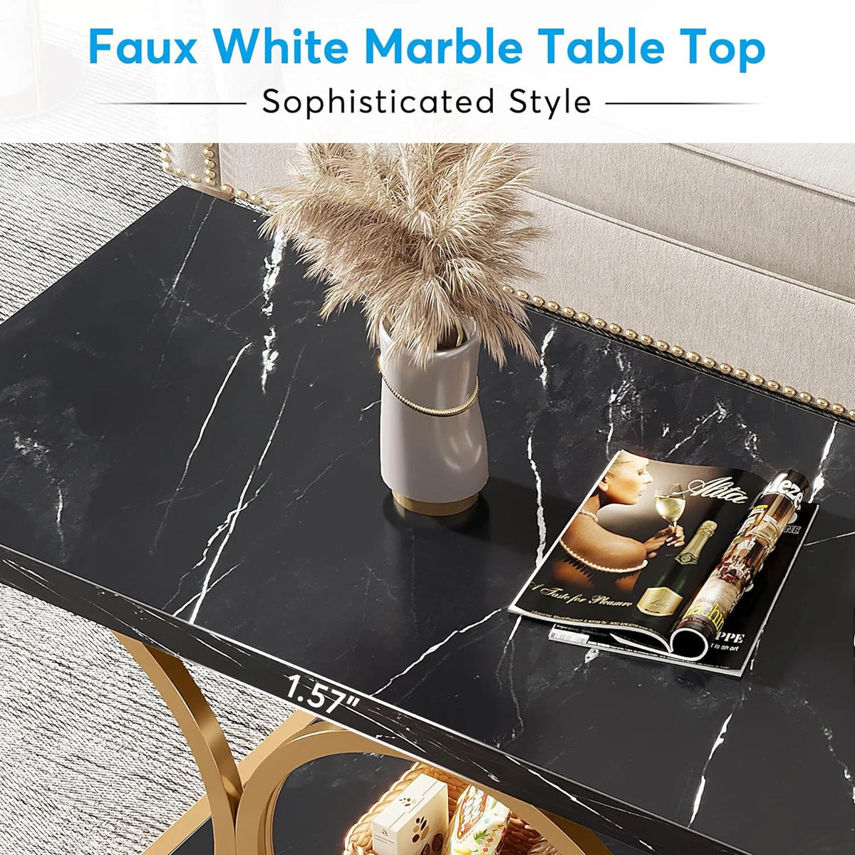 2-Tier Faux Marble Wood Coffee Table with Storage Shelf W318