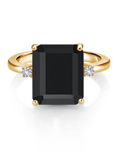 18K Yellow Gold Plated Silver Black Onyx and White Created Sapphire 3 Stone Engagement Ring N7156