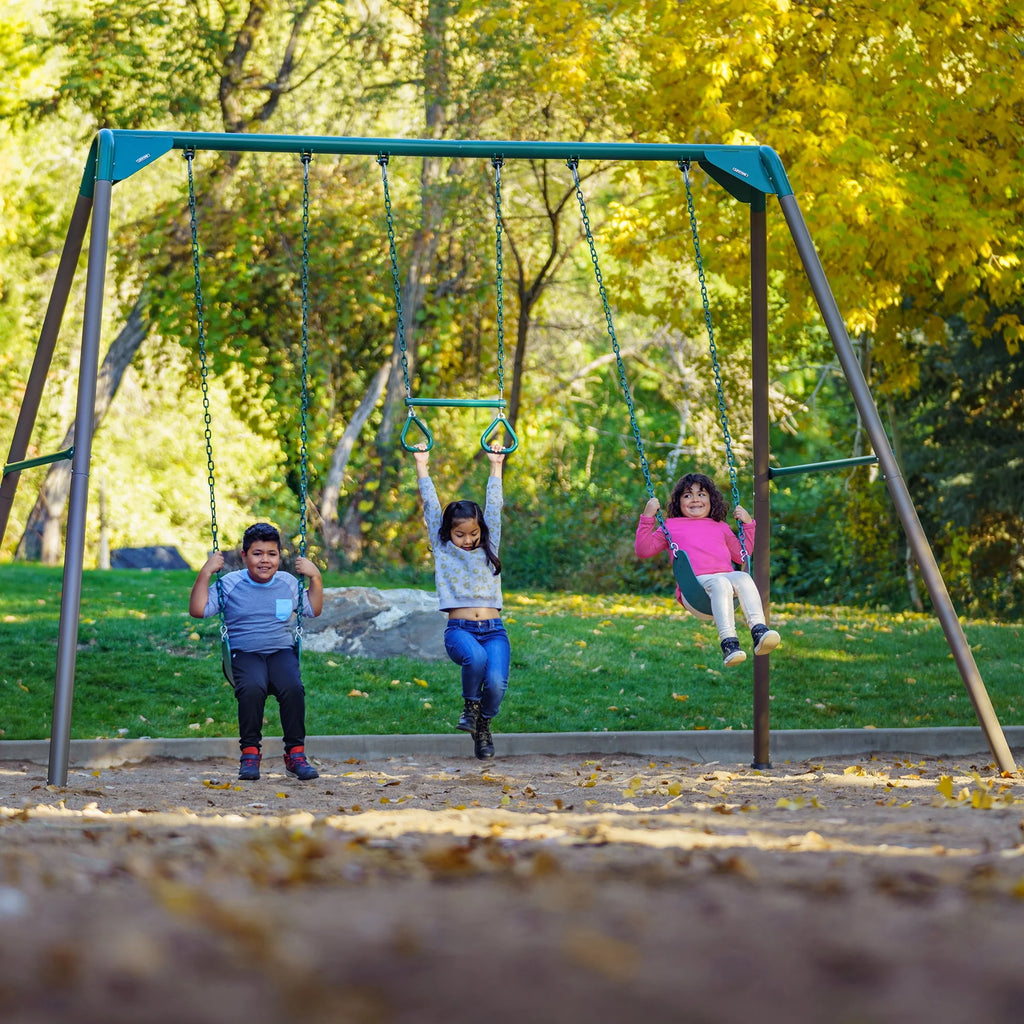Kid's Metal Swing Set with 2 Belt Swings and Trapeze Bar D957