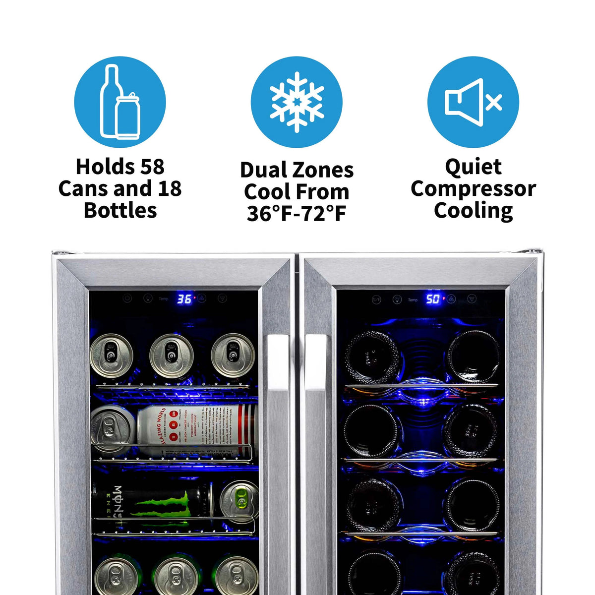 18 Bottle 60 Can Dual Zone Stainless Steel Wine and Beverage Refrigerator O360071
