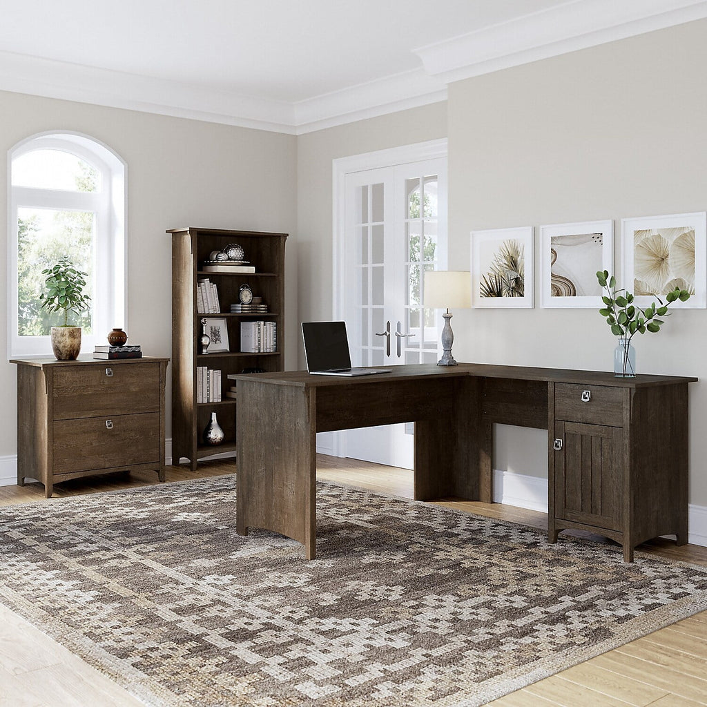 Ash Brown L Desk with File Cabinet & Bookcase J600