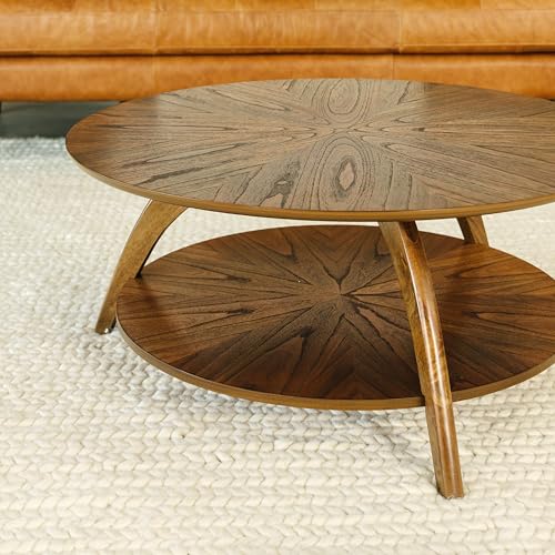 Caramel Brown Round Wood Coffee Table with Shelf Storage F186