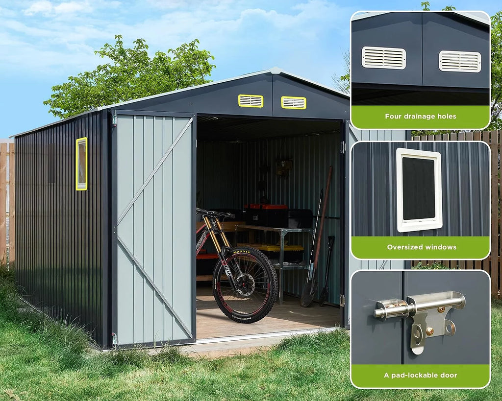 10x12x7.5 ft Galvanized Lockable Outdoor Storage Shed H960