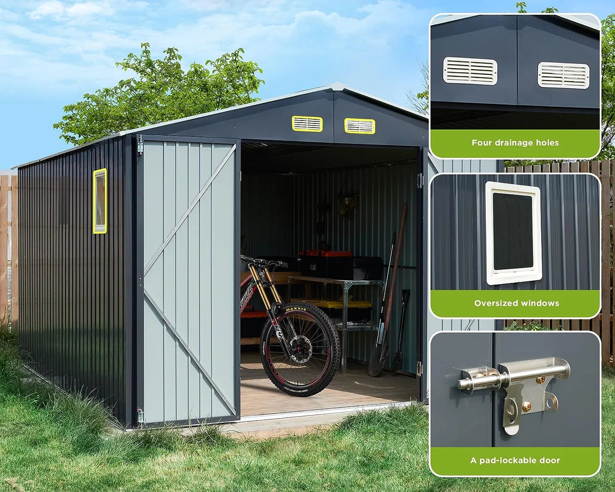 10x12x7.5 ft Galvanized Lockable Outdoor Storage Shed H960