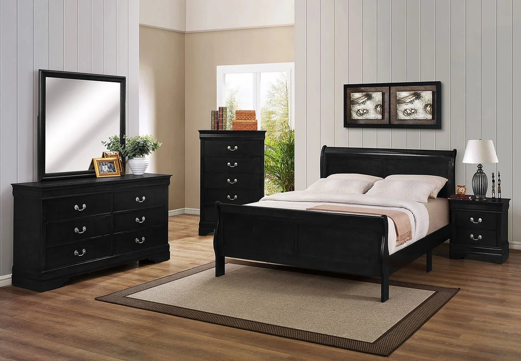 4pc Twin Size Bed Set Dresser Mirror Nightstand Black Wooden I935